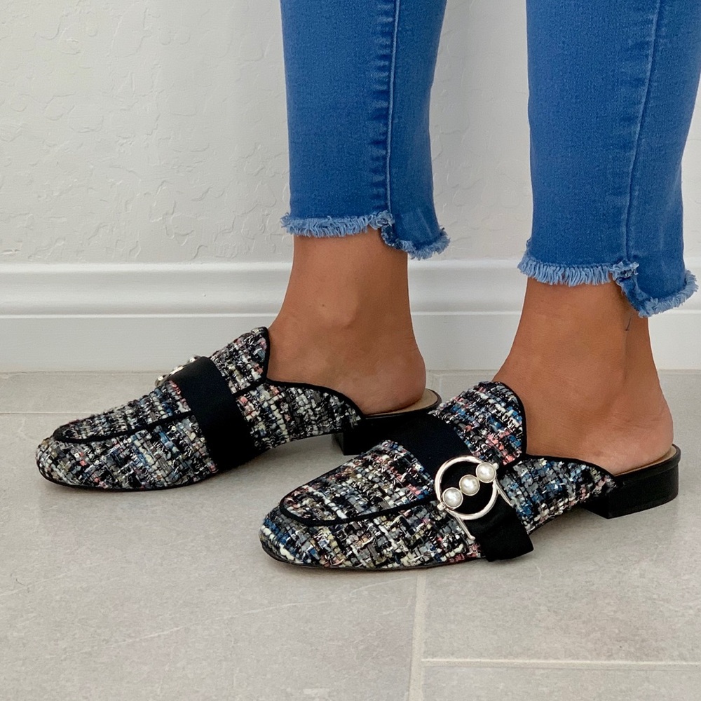 Tweed Pearl Buckle Closed Toe Flat Mule Slides - Picture 4 of 5